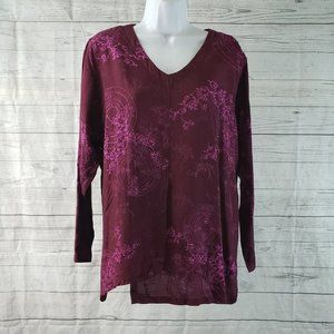 Endless Knot Art Womens Top Sz S/M Burgundy Purple Floral V-Neck Long Sleeve